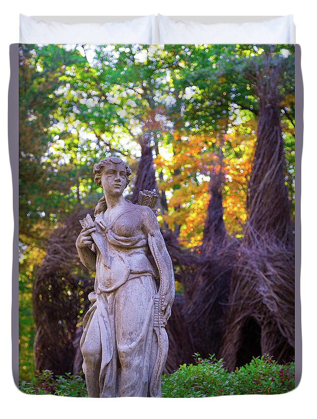 Tower Hill Botanic Botanical Garden Outside Outdoors Autumn Fall Statue Stickworks Stickwork Stick Work Works Patrick Patric Dougherty Art Sculpture Ma Mass Massachusetts Brian Hale Brianhalephoto Nature Natural Trees Bushes Shrubs Wild Rumpus Duvet Cover featuring the photograph Guarding the Fort by Brian Hale