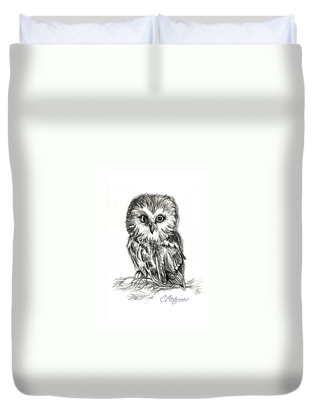 Owl Duvet Cover featuring the drawing Guess Whoooo by Carol Allen Anfinsen