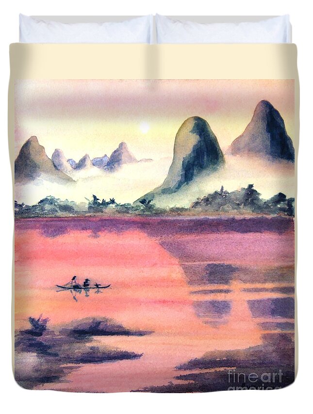 Landscape Duvet Cover featuring the painting Guilin Dawn by Petra Burgmann