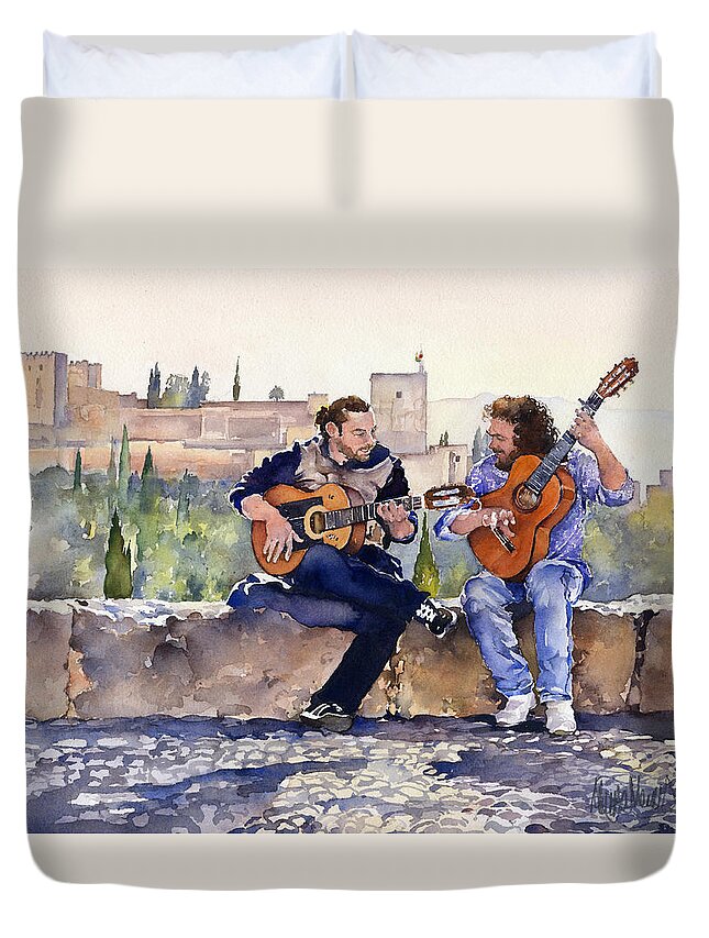 Alhambra Duvet Cover featuring the painting Guitarists En Plaza San Nicolas Granada by Margaret Merry