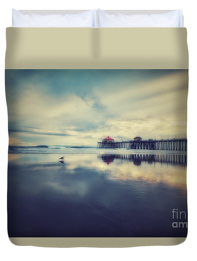 Gull Duvet Cover featuring the photograph Gull at Huntington Beach Pier by Susan Gary