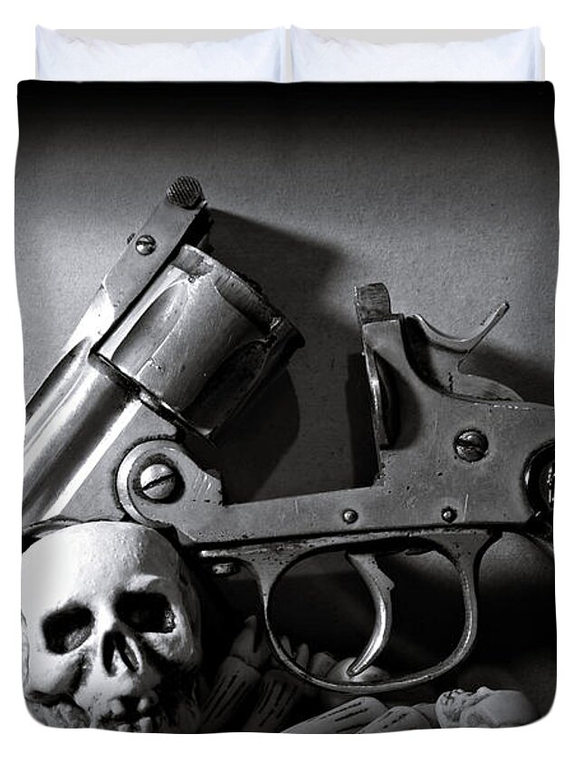 Black And White Duvet Cover featuring the photograph Gun and Skull by Scott Wyatt