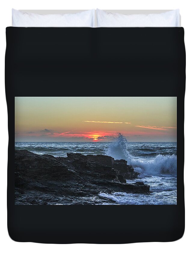 Landscape Duvet Cover featuring the photograph Gwithian beach sunset by Claire Whatley