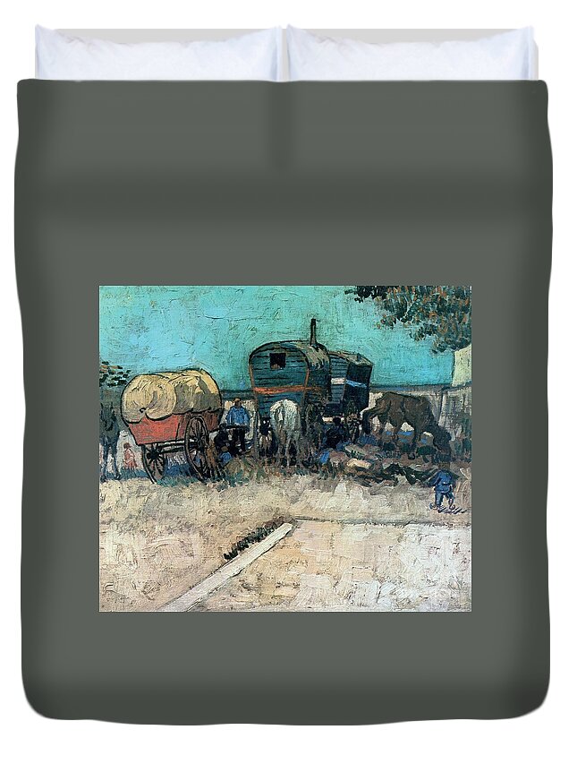 Gypsy Camp With Horse Carriage Duvet Cover featuring the painting Gypsy Camp With Horse Carriage by Celestial Images