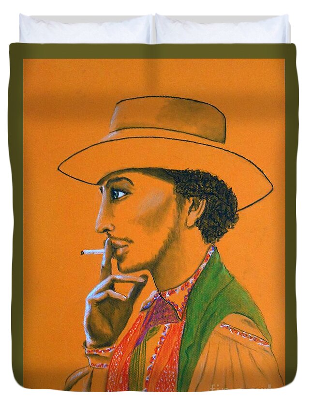 Gypsy Duvet Cover featuring the drawing Gypsy Man -- Portrait of Romany Gypsy Man Smoking by Jayne Somogy