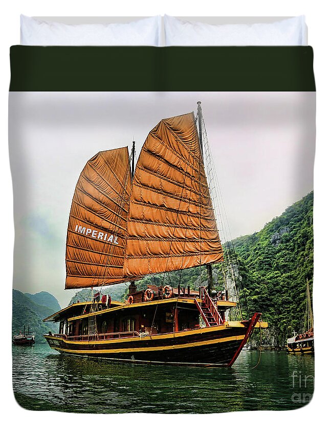 Ha Long Bay Duvet Cover featuring the photograph Ha Long Vessel Brown by Chuck Kuhn