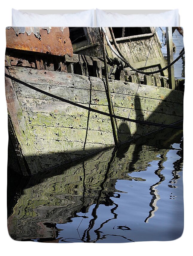 Water Duvet Cover featuring the digital art Half Sunk Boat by Bob Slitzan