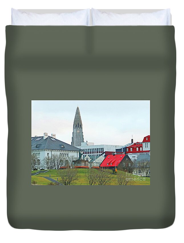 Reykjavik Duvet Cover featuring the photograph Hallgrimskirkja from Harpa 6219 by Jack Schultz