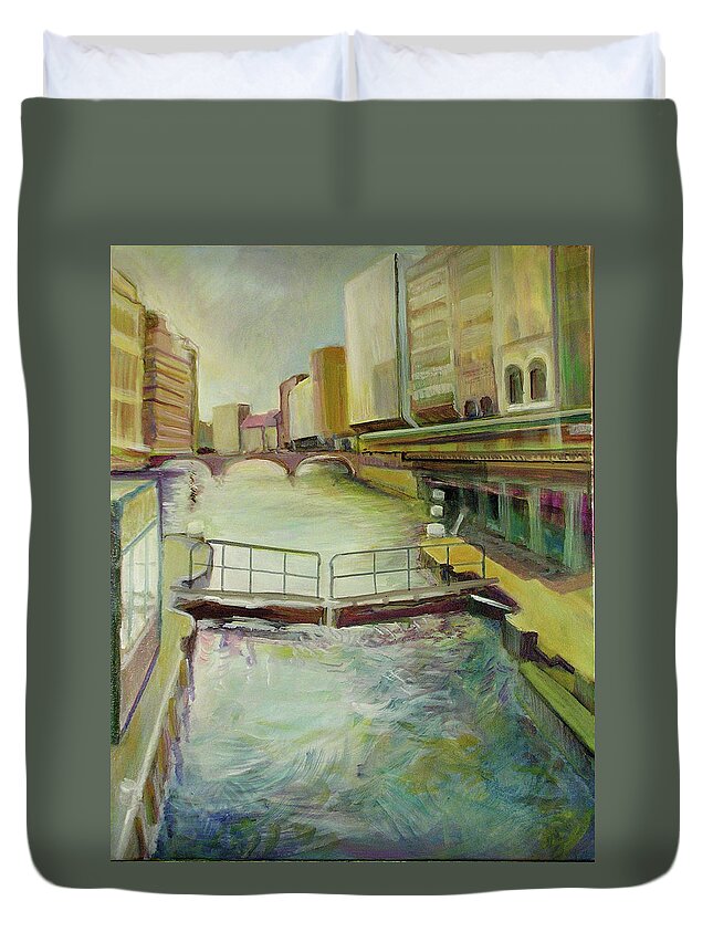 Canal Duvet Cover featuring the painting Hamburgh - a canal by Jean-Marc Robert