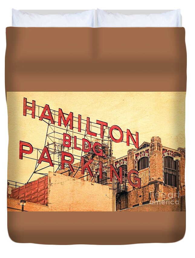 Hamilton Bldg Parking Sign Duvet Cover featuring the photograph Hamilton Bldg Parking Sign by Imagery by Charly