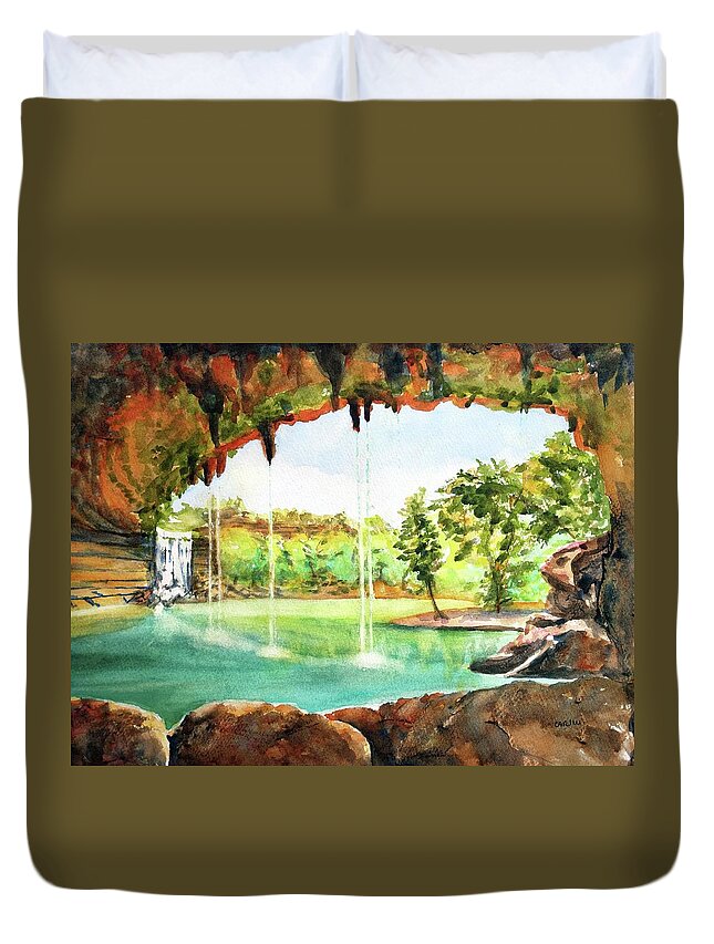 Hamilton Pool Duvet Cover featuring the painting Hamilton Pool Texas by Carlin Blahnik CarlinArtWatercolor