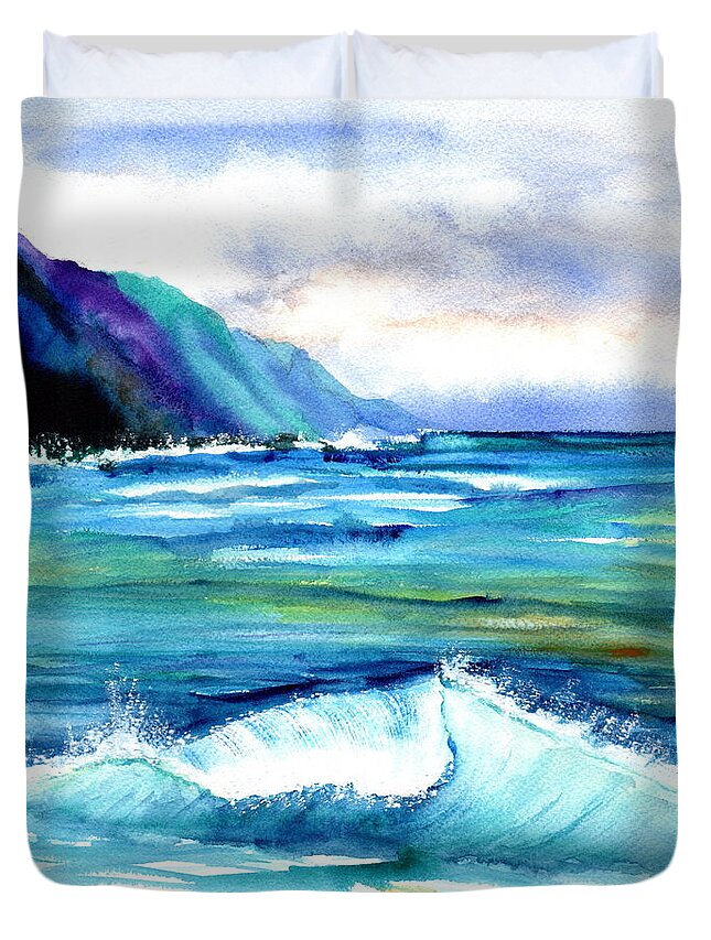 Hanalei Duvet Cover featuring the painting Hanalei Sea by Marionette Taboniar