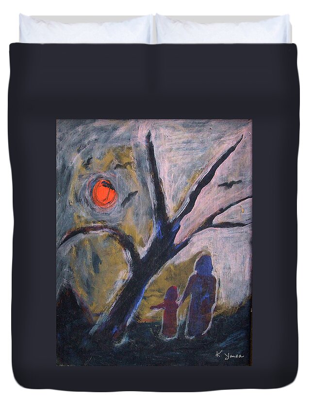 Katt Yanda Duvet Cover featuring the painting Hand in Hand Walk Under the Moon by Katt Yanda