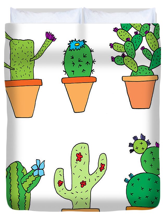 Hand drawn illustration of whimsical cartoon style cactus plants Duvet  Cover by Matthew Gibson - Fine Art America