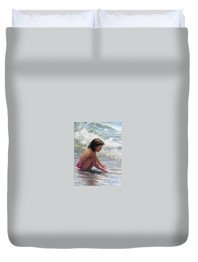 Child In Surf Duvet Cover featuring the painting Hands in the Sea by Marie Witte