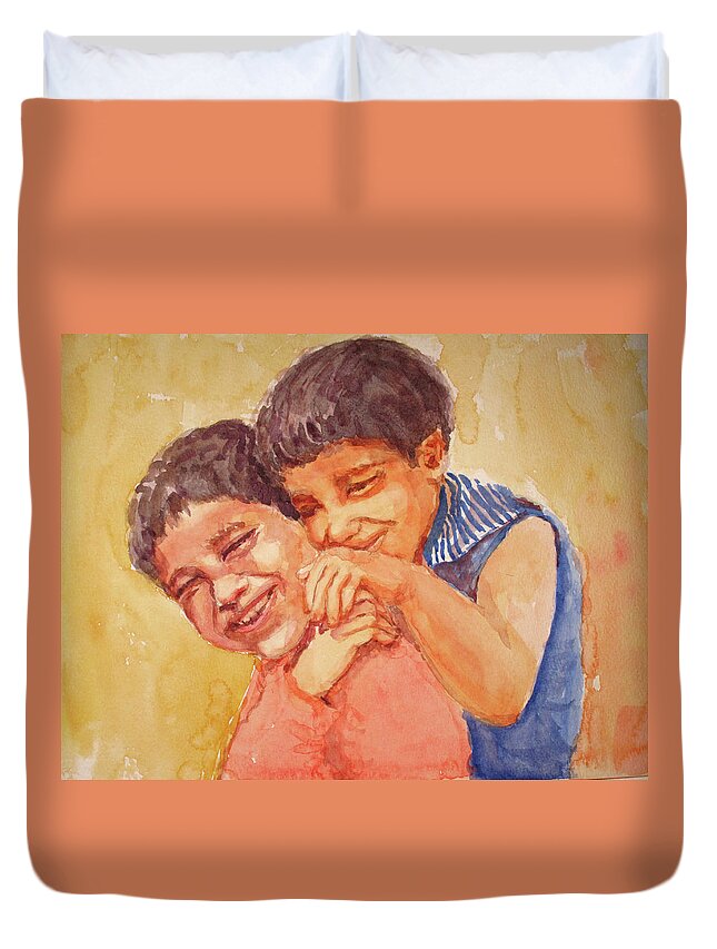 Happy Children Duvet Cover featuring the painting Happiness by Asha Sudhaker Shenoy