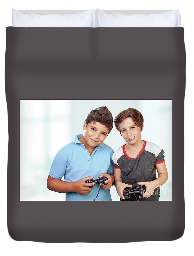 Activities Duvet Cover featuring the photograph Happy boys playing video games by Anna Om