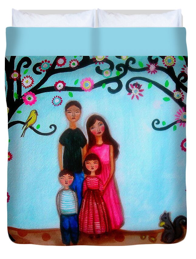 Mom Duvet Cover featuring the painting Happy Family by Pristine Cartera Turkus