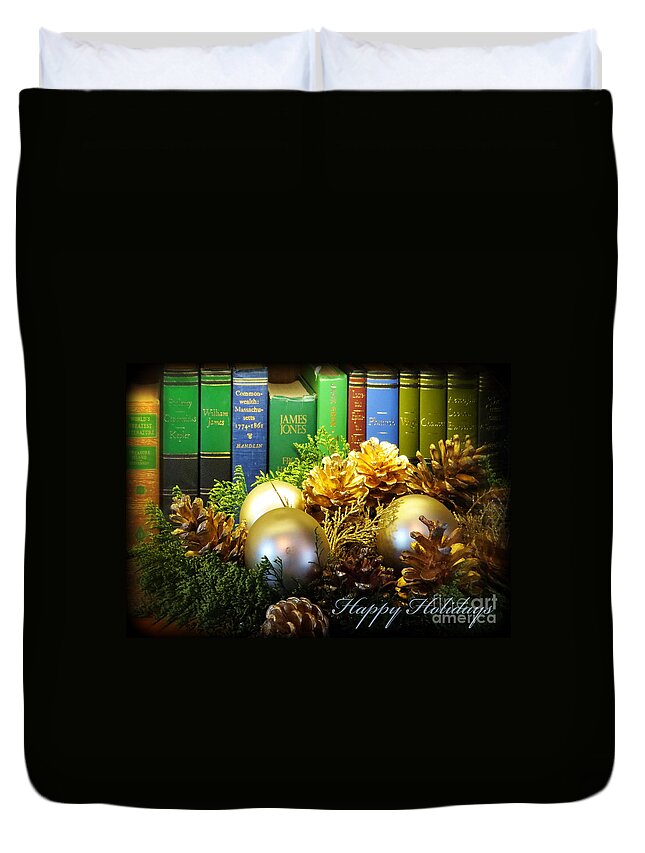Pine Cones Duvet Cover featuring the photograph Happy Holidays Books by Dawn Gari