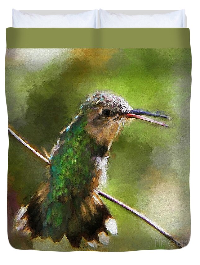 Hummingbird Duvet Cover featuring the painting Happy Hummingbird by Tina LeCour