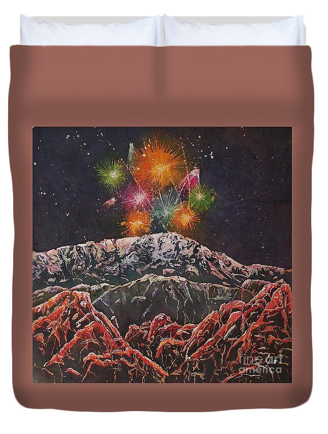 Fireworks Duvet Cover featuring the mixed media Happy New Year From America's Mountain by Carol Losinski Naylor