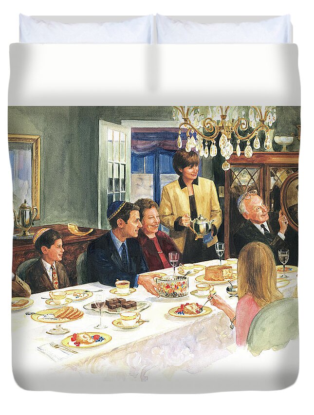 Rosh Hashanah Duvet Cover featuring the painting Happy Rosh Hashanah Lunch by Laurie McGaw