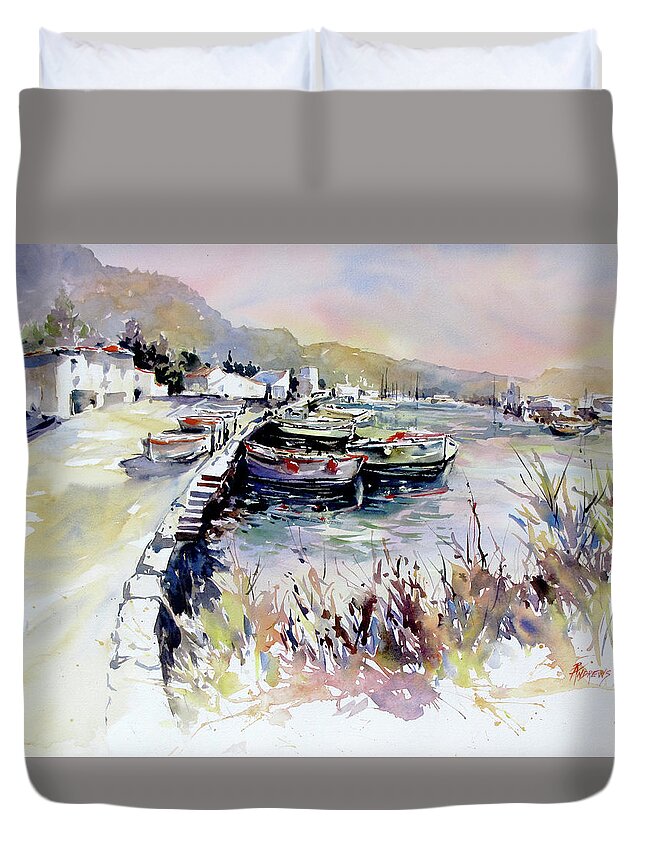  Duvet Cover featuring the painting Harbor Shapes by Rae Andrews