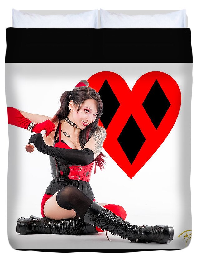 Action Figure Duvet Cover featuring the photograph Harley Quinn ready to swing by Rikk Flohr