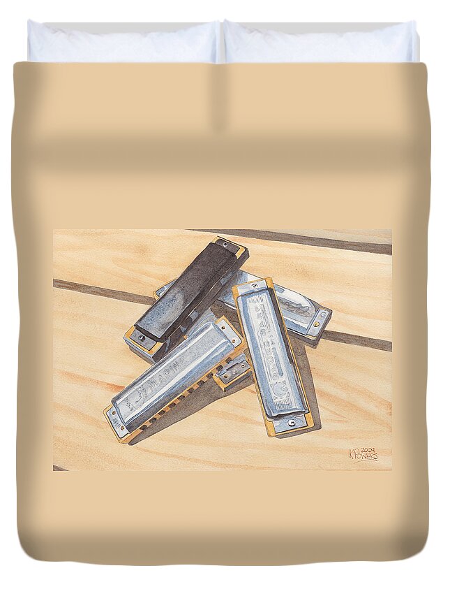 Harmonica Duvet Cover featuring the painting Harmonica Pile by Ken Powers