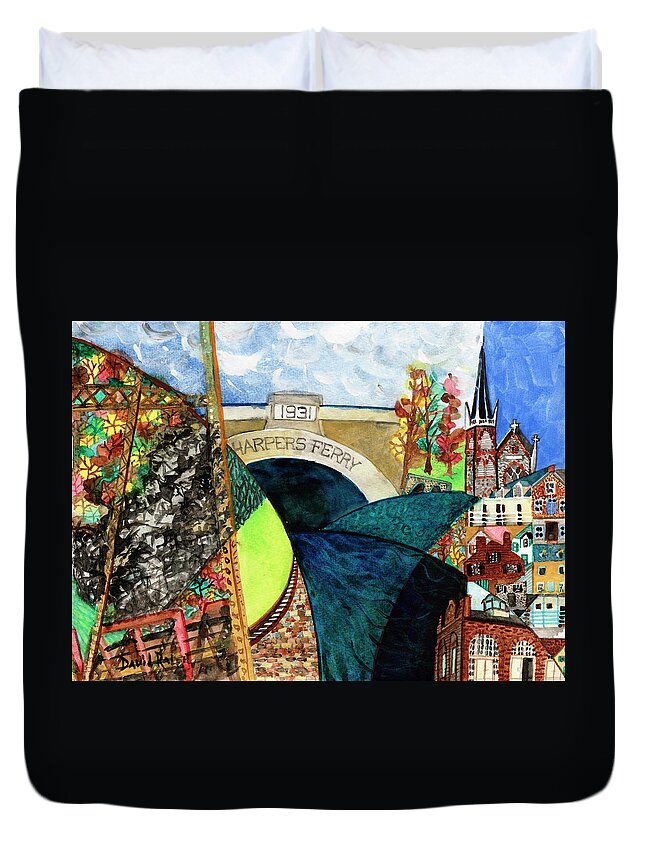Harpers Ferry Duvet Cover featuring the painting Harpers Ferry Rivers, Railroads, Revolvers by David Ralph