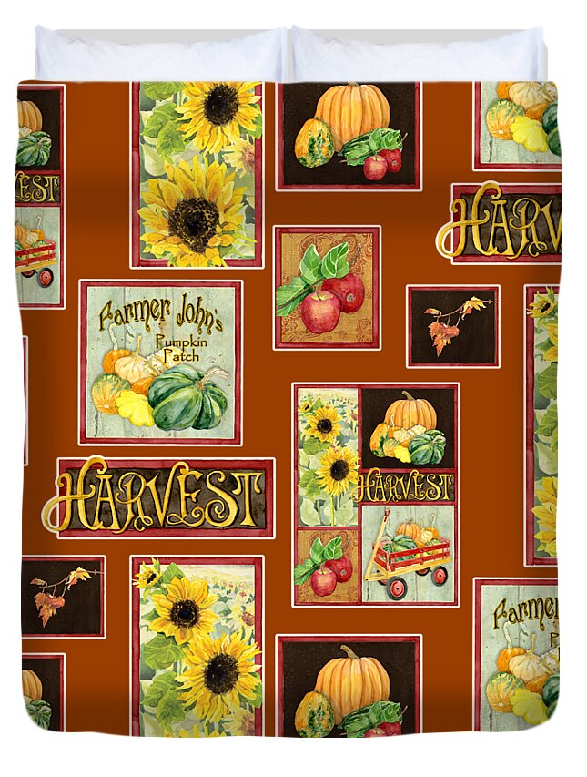 Harvest Duvet Cover featuring the painting Harvest Market Pumpkins Sunflowers n Red Wagon by Audrey Jeanne Roberts