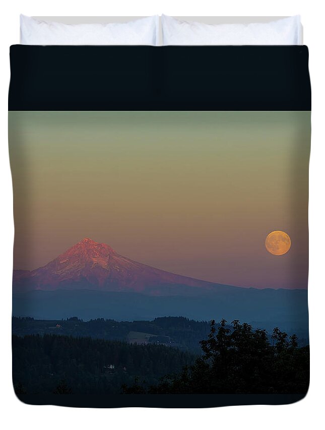 Harvest Moon Duvet Cover featuring the photograph Harvest Moon Rising over Mount Hood after Sunset by David Gn