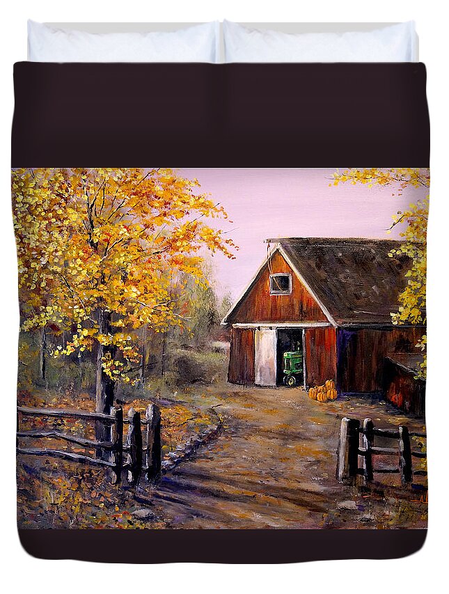 Farm Duvet Cover featuring the painting Harvest Time by Alan Lakin