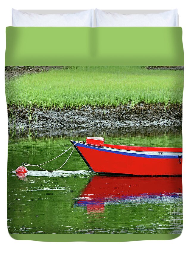 Red Rowboat Duvet Cover featuring the photograph Harwich Rowboat by Jim Gillen