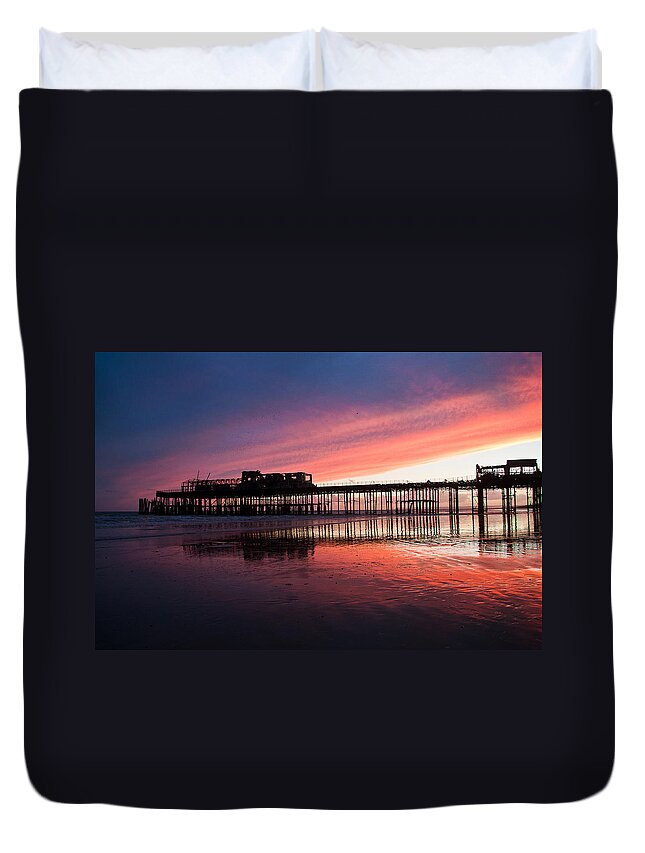 Hastings Pier Duvet Cover featuring the photograph Hastings Pier - purple by Dawn OConnor