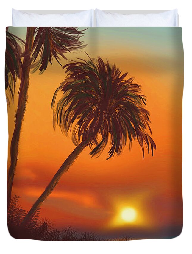Landscape Duvet Cover featuring the painting Hawaiian Sunset by Becky Herrera