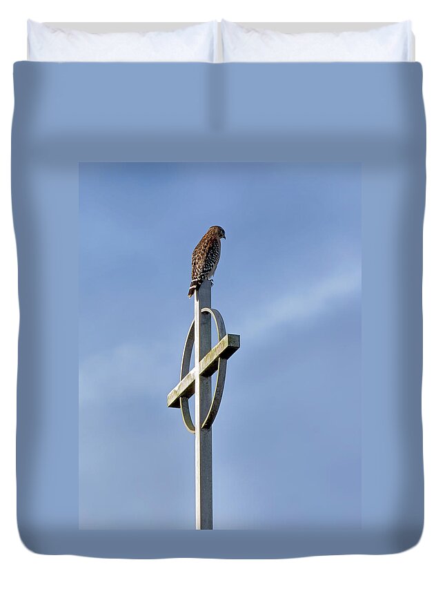 Birds Duvet Cover featuring the photograph Hawk on Steeple by Richard Rizzo