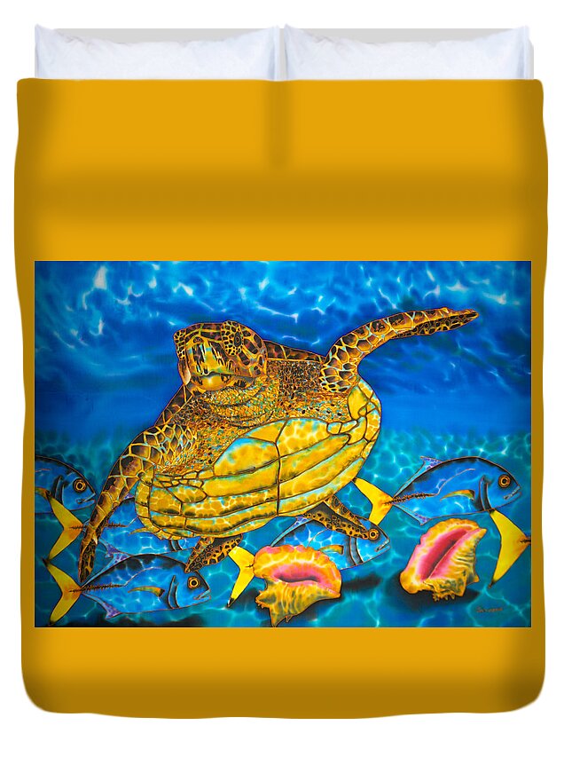 Sea Turtle Duvet Cover featuring the painting Hawksbill and Queen Conch by Daniel Jean-Baptiste