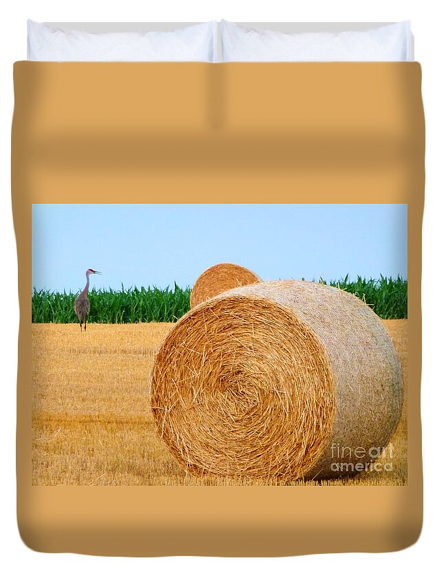 Hay Duvet Cover featuring the photograph Hay bale with Crane by Michael Garyet
