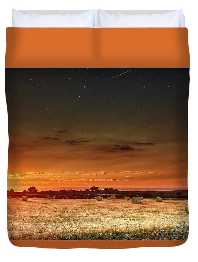 Sunset Duvet Cover featuring the photograph Hay bales at sunset and stars by Simon Bratt