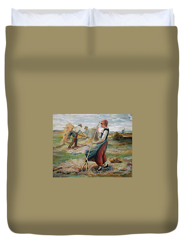 Landscape Duvet Cover featuring the painting Hay Field Workers by Mike Benton