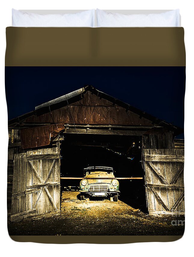 Shack Duvet Cover featuring the photograph Hay hut garaging a vintage car by Jorgo Photography