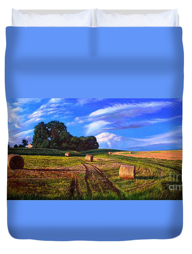 Farm Duvet Cover featuring the painting Hay Rolls on the Farm in oil painting by Christopher Shellhammer