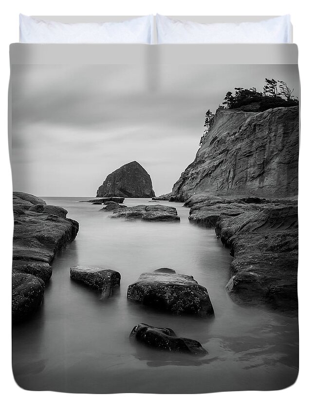 Oregon Duvet Cover featuring the photograph Haystack Rock in BW by Jedediah Hohf