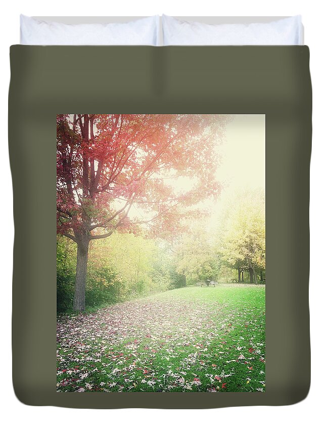 Trees Duvet Cover featuring the photograph Hazy autumn landscape by GoodMood Art