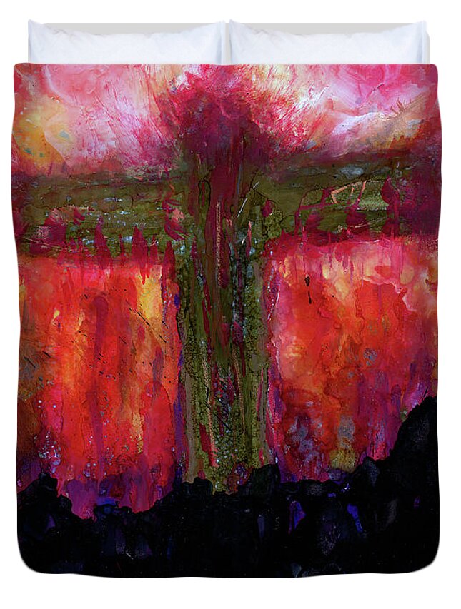 Cross Duvet Cover featuring the painting He is Risen by Eunice Warfel