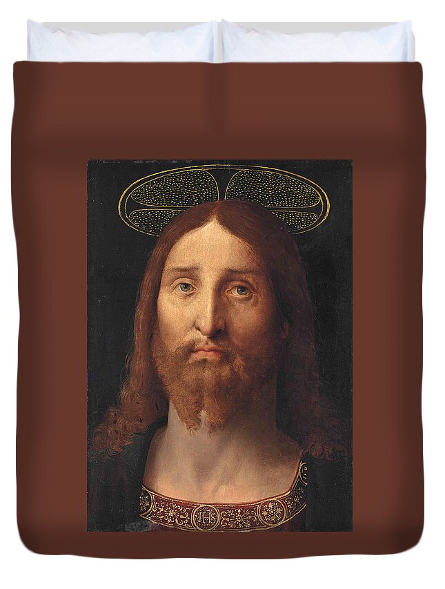 Follower Of Jacopo De' Barbari Duvet Cover featuring the painting Head of Christ. Salvator Mundi by Follower of Jacopo de' Barbari