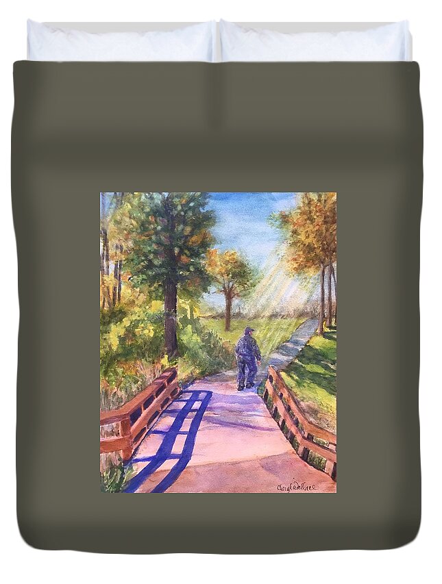 Bridge Duvet Cover featuring the painting Heading Home by Cheryl Wallace