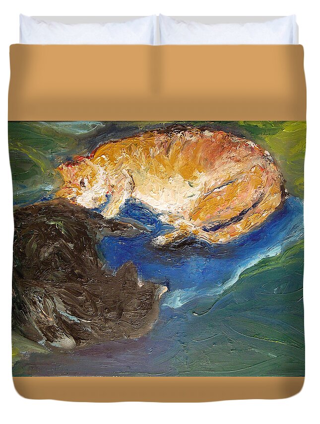 Cats Duvet Cover featuring the painting Heads or Tails by Susan Esbensen
