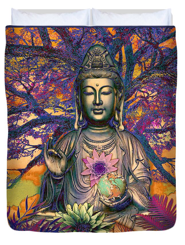 Kwan Yin Duvet Cover featuring the mixed media Healing Nature by Christopher Beikmann